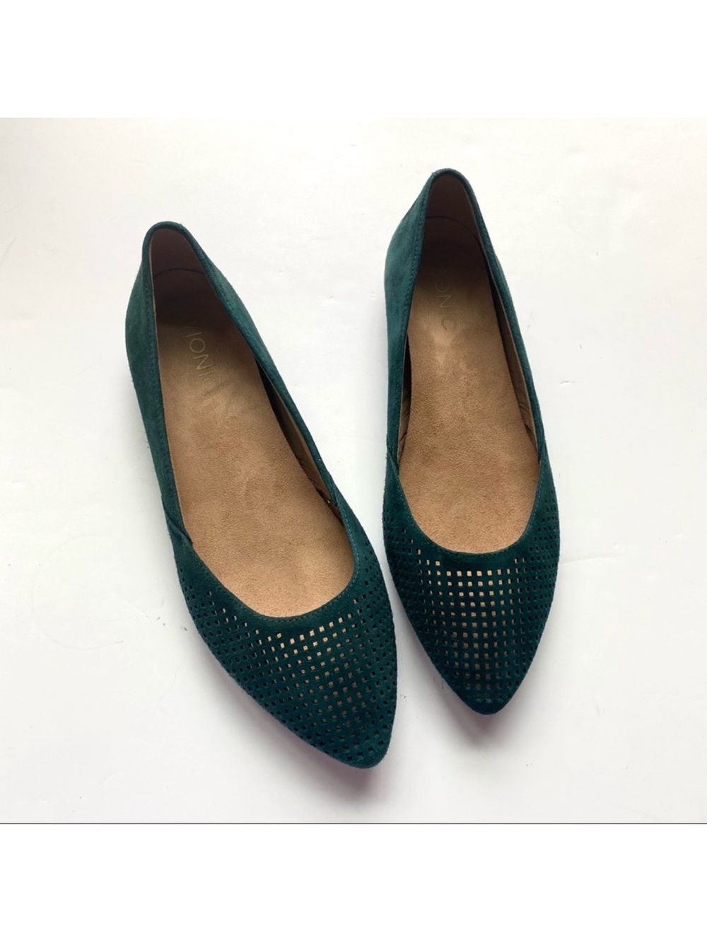 Vionic Teal Pointed Perforated Suede Flats